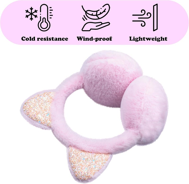 GSFY Ear Muffs Gloves Set for Kids Girls Adjustable Winter Sequin Faux Fur Windproof Warm Ear Warmer Outdoor - Image 3